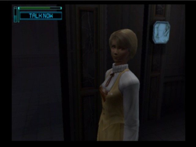 Lifeline (PlayStation 2) screenshot: Rio seems to be afraid of all these ghost stories about restrooms in space, you gotta help her shake off the fear