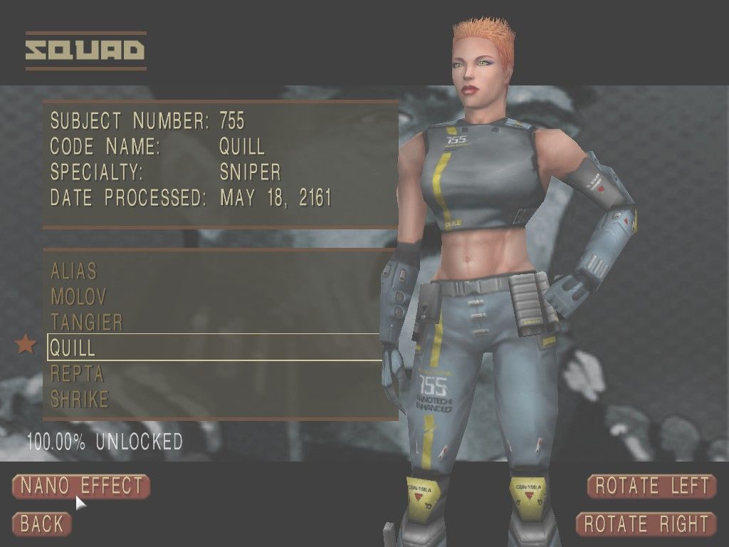 Red Faction II (Windows) screenshot: Beating levels and completing bonus objectives unlocks bonus items, including character models, movies, and concept art. Here's a 3D model of your squad's sniper specialist, Quill