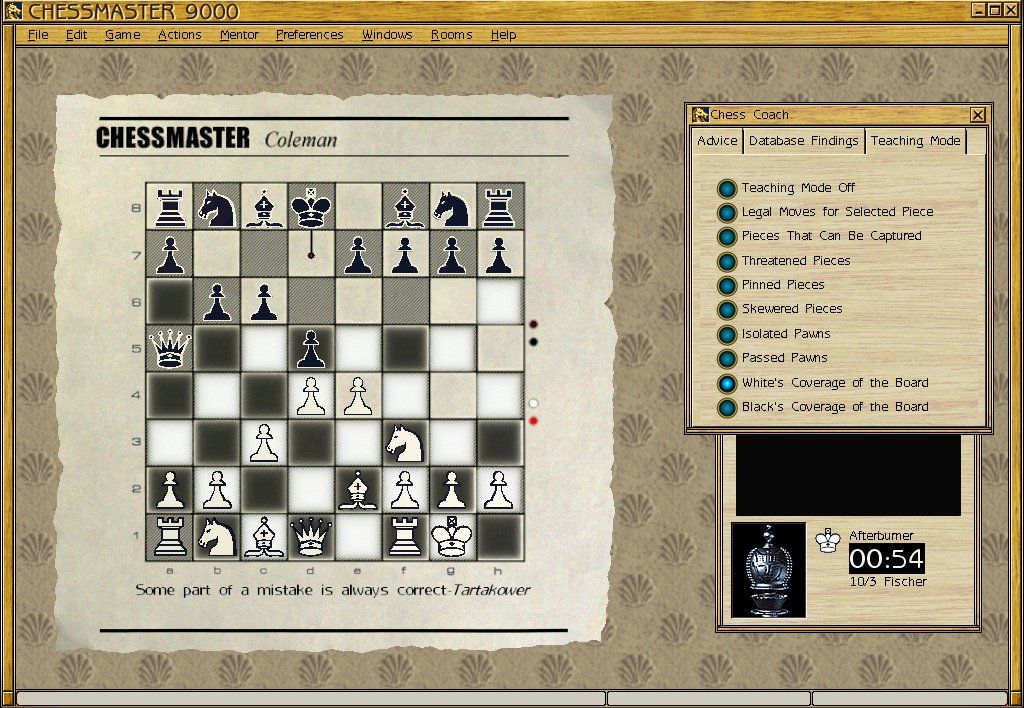 Chessmaster 9000 (Windows) screenshot: The game has numerous aids to help you improve your game