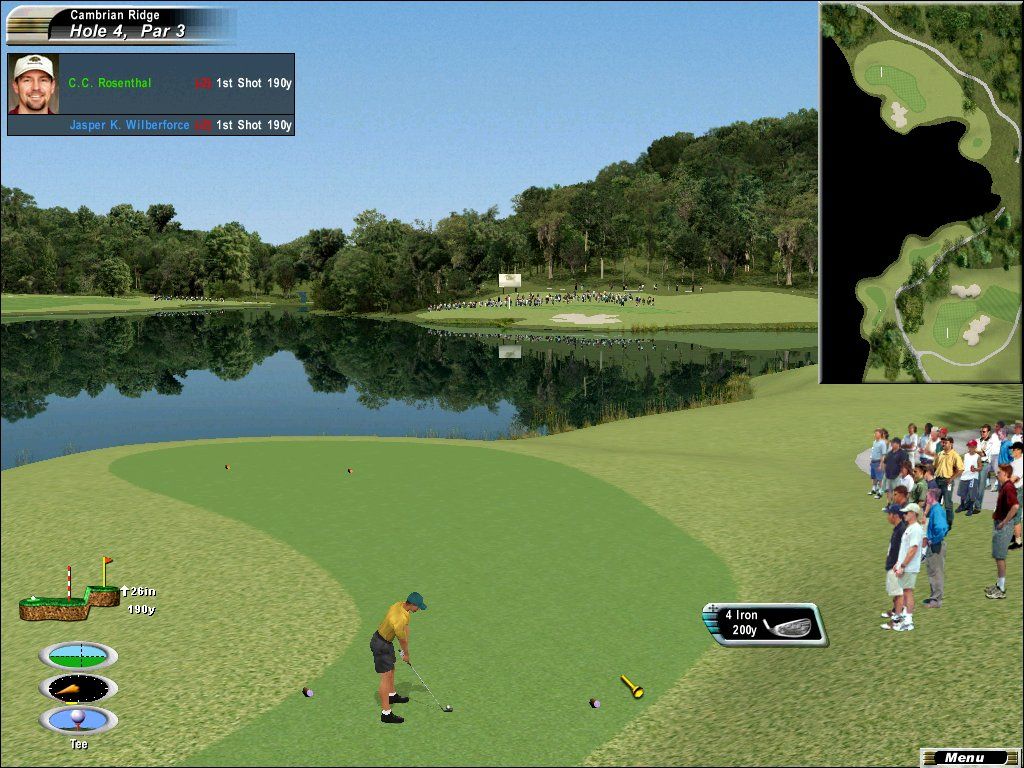 Links 2003 (Windows) screenshot: Trees reflect off a placid water hazard on the 4th hole at Cambrian Ridge
