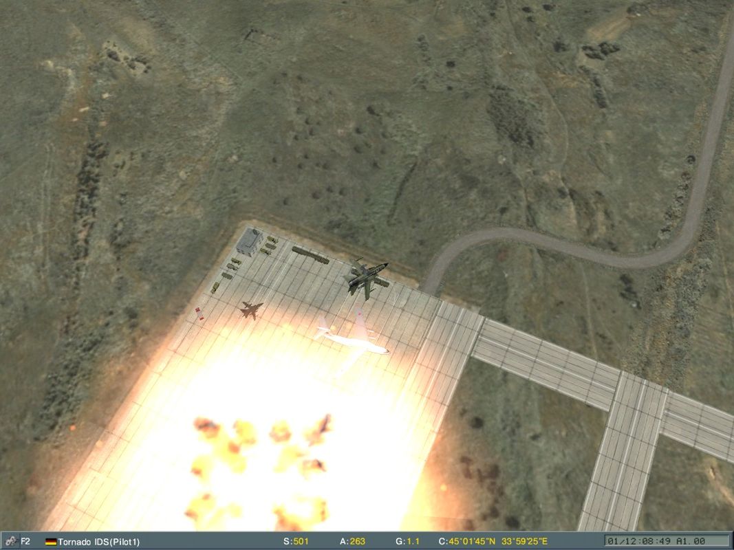 Lock On: Modern Air Combat (Windows) screenshot: German Tornados unleash a firestorm in russian airfield.