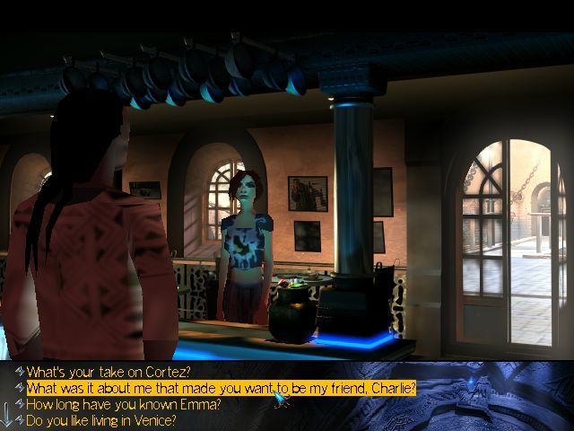 The Longest Journey (Windows) screenshot: In a bar in a Venice, talking to some of your closest friends... who aren't aware of alternate worlds.