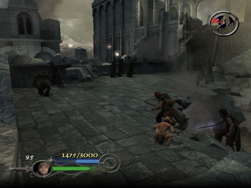 The Lord of the Rings: The Return of the King (Windows) screenshot: Sam, Frodo & Smeagol have to stay clear of the all-seeing eye of the Nazghul.