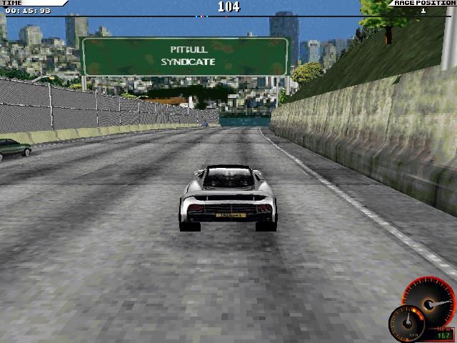 Test Drive 4 (Windows) screenshot: All roads lead to "Pitbull Syndicate"