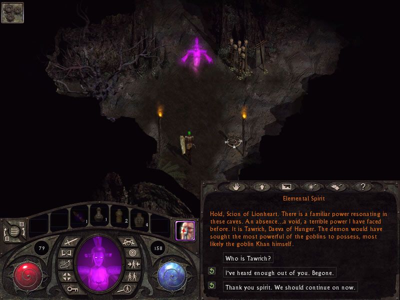 Lionheart: Legacy of the Crusader (Windows) screenshot: Your spirit pops up at dangerous situations with some good advice