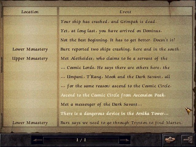 Wizardry 8 (Windows) screenshot: Important things are added to the Journal