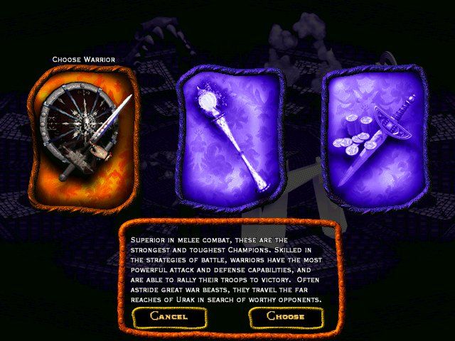 Lords of Magic (Windows) screenshot: You can pick one of three leader types -- Warrior, Mage or Thief -- to lead your Faction.
