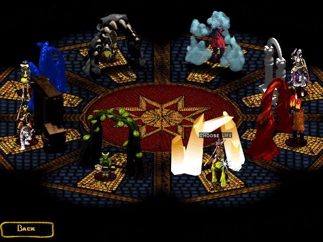 Lords of Magic (Windows) screenshot: Choose one of 8 different factions - Law, Chaos, Life, Death, Air, Fire, Earth, or Water. However, Death isn't a playable Faction until you've played at least one full game and defeated Balkoth.
