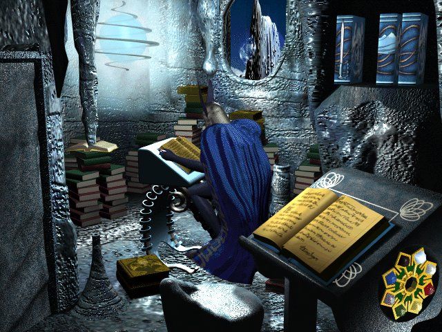 Lords of Magic (Windows) screenshot: A Storm Giant Mage hard at work researching spells.