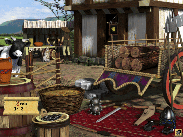 Lords of the Realm II (Windows) screenshot: You can buy resources and weapons from travelling merchant.