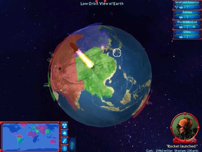 MAD: Global Thermonuclear War (Windows) screenshot: Big red rockets carry up space station components.