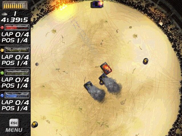 Mad Cars (Windows) screenshot: Battle in the Arena of Death. You need to kill 3 opponents that enter the arena ono after another