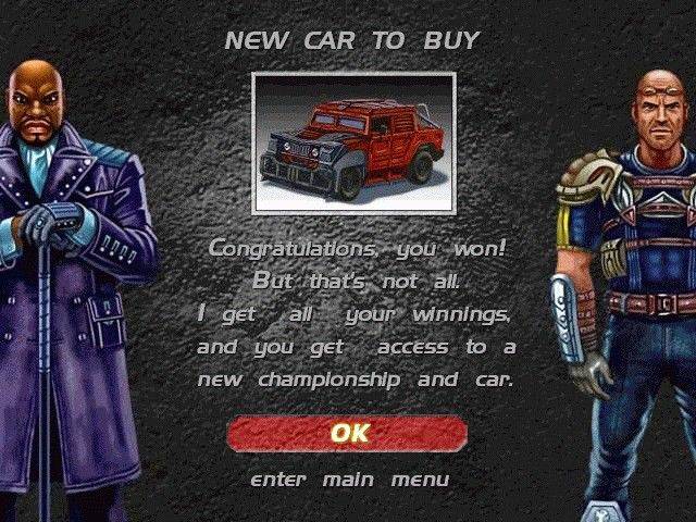 Mad Cars (Windows) screenshot: Everytime you win a championship a new car becomes available. But since you you have to start from scratch all over again, it will take a while before you can buy it