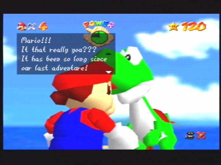 Super Mario 64 (Nintendo 64) screenshot: When you get all 120 stars, you get to meet Yoshi! The little dude even gives you 99 lives into the bargain!
