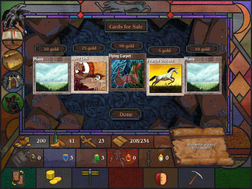 Magic: The Gathering (Windows) screenshot: Each town or village provide random unique cards of a specific color. A town or village located in or near a forest will provide green cards. If located near a swamp and sea, may provide both colors.