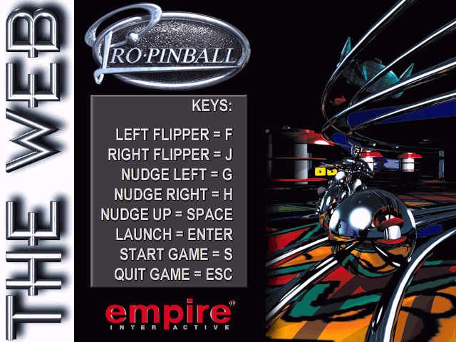 Pro Pinball: The Web (DOS) screenshot: the main menu which very nicely has the controls too