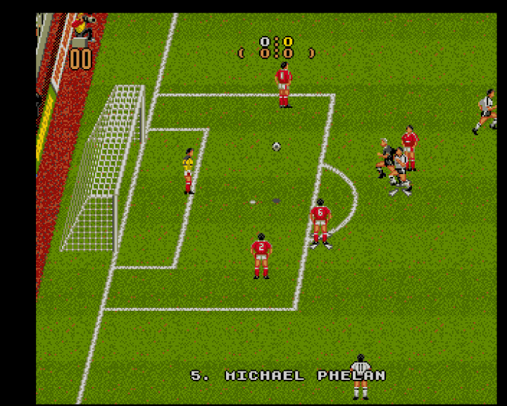 MicroLeague Action Sports Soccer (Amiga) screenshot: Nearly a goal