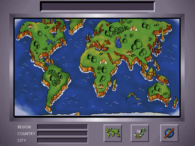 Mario is Missing! (DOS) screenshot: Locate yourself on the world map for Yoshii to find you