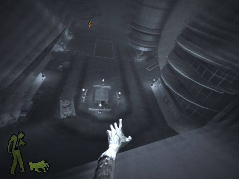 Stubbs the Zombie in Rebel Without a Pulse (Windows) screenshot: Arm's eye view of the situation. Not sure what to do about the tank yet.