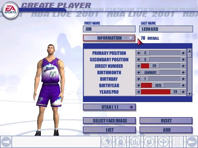 NBA Live 2001 (Windows) screenshot: Creating a custom player...