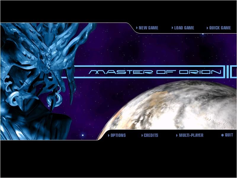 Master of Orion 3 (Windows) screenshot: Main Menu - Local Silicoid posing as cover boy uh... cover thing.