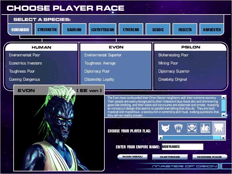 Master of Orion 3 (Windows) screenshot: Race Selection - There are now 16 races to select from, a whole lot more compared to MOO 1 & 2