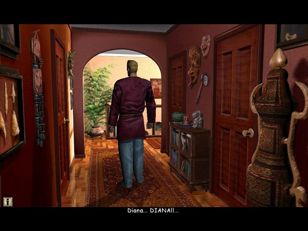 Crime Stories: From the Files of Martin Mystère (Windows) screenshot: What's the first thing a man does upon exiting the bedroom -- cry out a woman's name