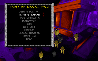 BloodNet (DOS) screenshot: Combat! Fights are tactical and turn-based. The window shows the possible commands.