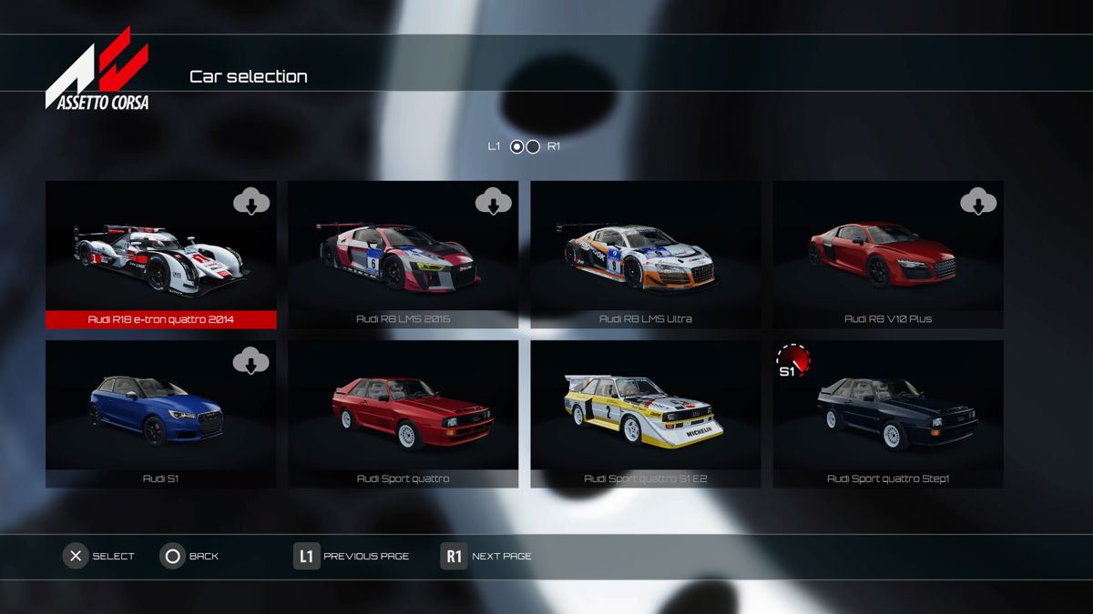 Assetto Corsa (PlayStation 4) screenshot: Audi car selection (DLC cars have a download icon)