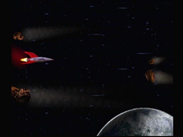 MDK 2 (Dreamcast) screenshot: Dodging meteors in a missile