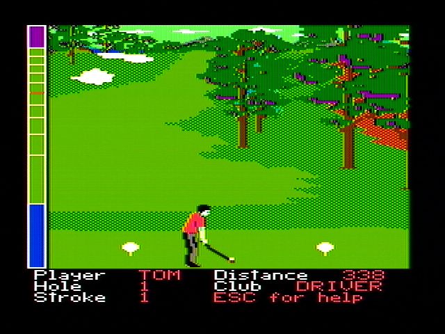 Mean 18 (DOS) screenshot: Teeing off (CGA with composite monitor)