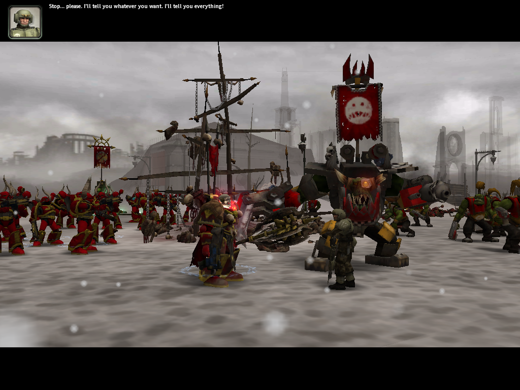 Warhammer 40,000: Dawn of War - Winter Assault (Windows) screenshot: Interrogating an Imperial Guard