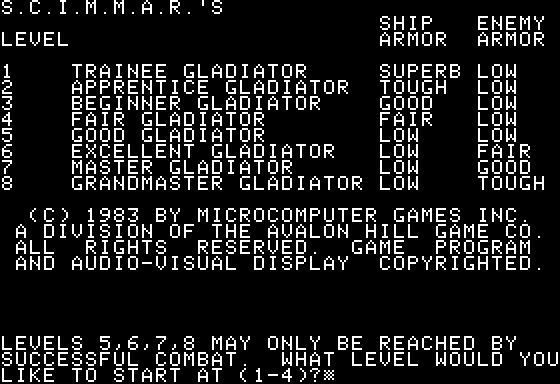 S.C.I.M.M.A.R.'s (Apple II) screenshot: Main Menu