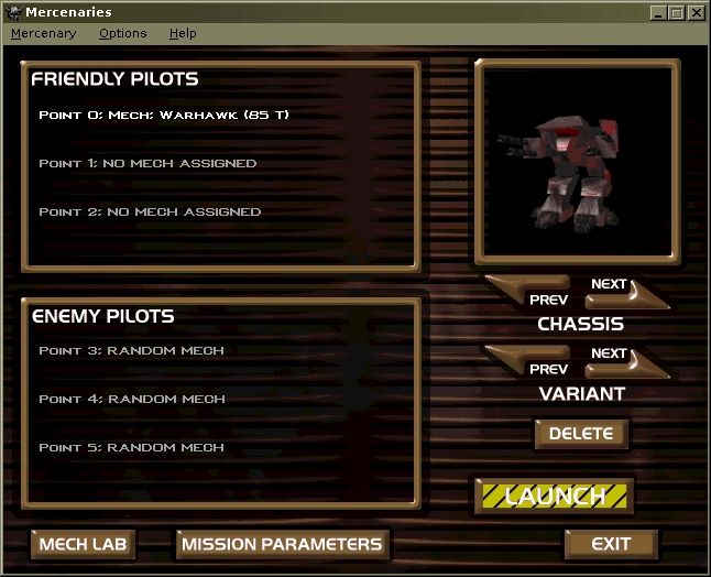 MechWarrior 2: Mercenaries (Windows) screenshot: The instant action menu, where you choose your own, your allies and your enemies mech's