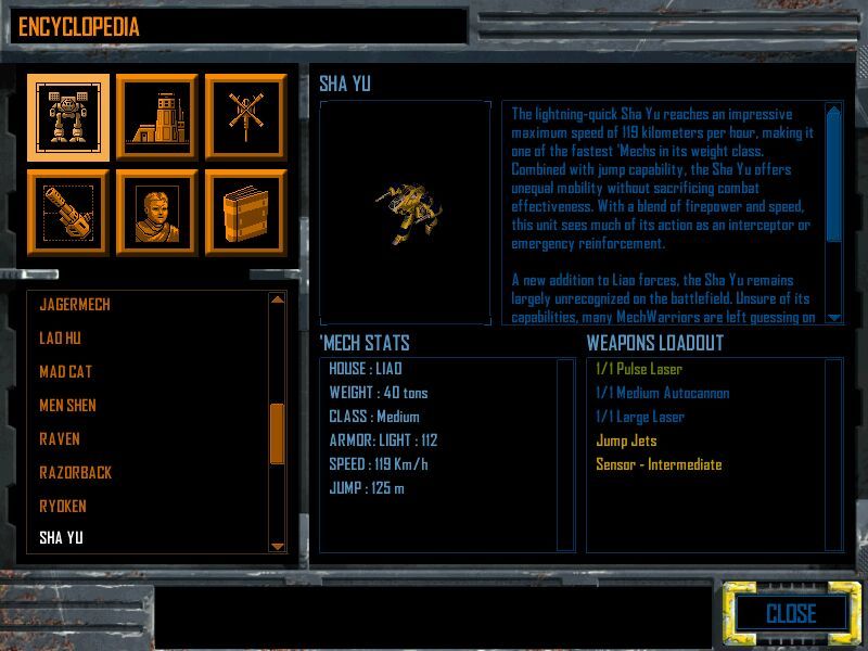 Mech Commander 2 (Windows) screenshot: Encyclopedia