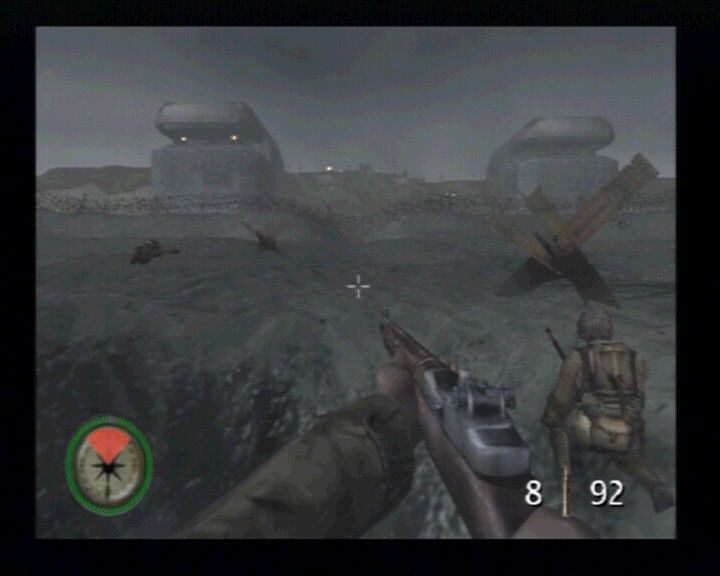 Medal of Honor: Frontline (PlayStation 2) screenshot: Your entire squad is pinned down, in dire need of covering fire.