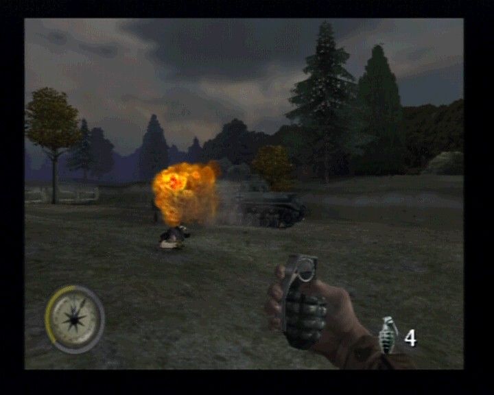 Medal of Honor: Frontline (PlayStation 2) screenshot: Some tanks just aren't affected by hand grenades, but your demolition squad member will take care of such matters.