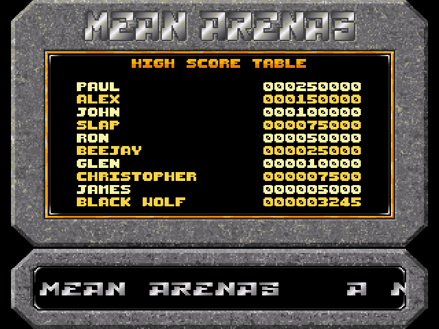Mean Arenas (Amiga) screenshot: High Scores