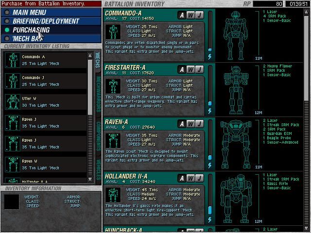 Mech Commander (Windows) screenshot: Purchasing - Mechs