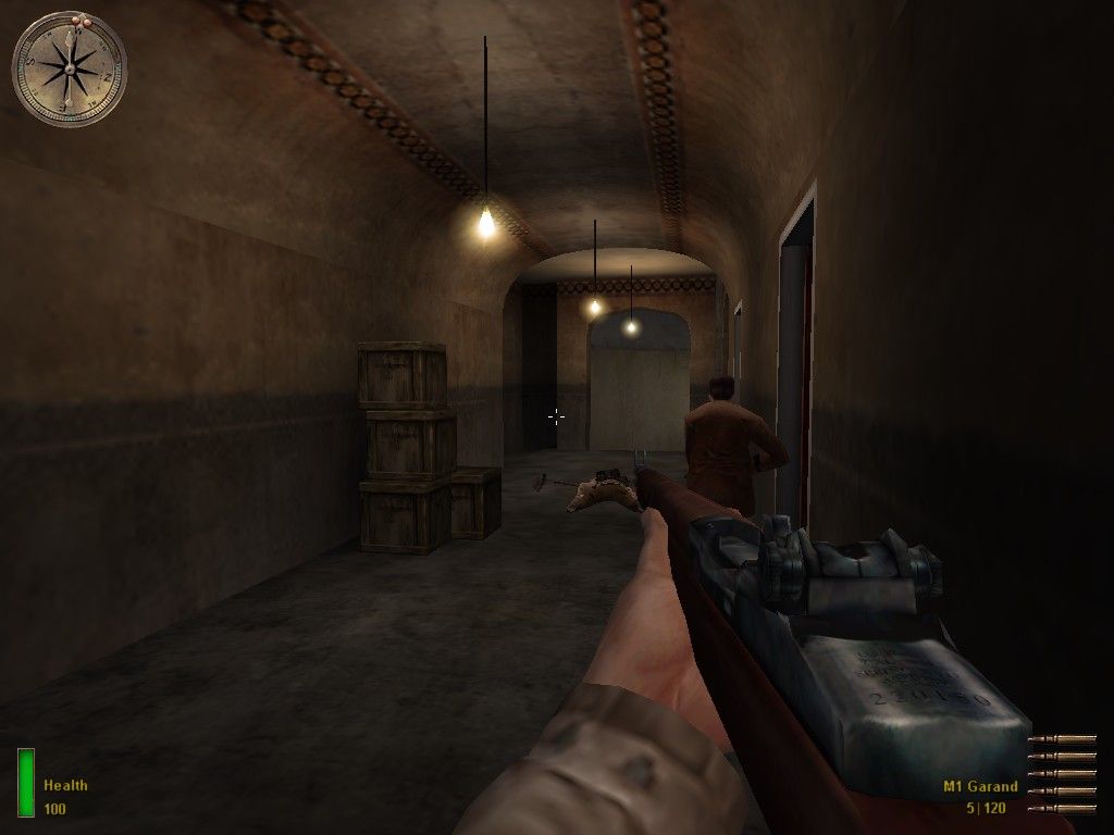 Medal of Honor: Allied Assault (Windows) screenshot: Poor kraut dude - he didn't make it against the two of us, hehe