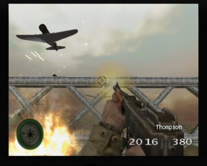 Medal of Honor: Rising Sun (GameCube) screenshot: Yes, it is possible to take down a plane with your trusty thompson machine gun