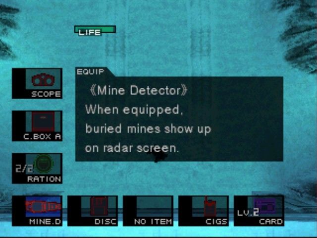 Metal Gear Solid (PlayStation) screenshot: Equipping mine detector will show all the mines in the area on your radar screen.