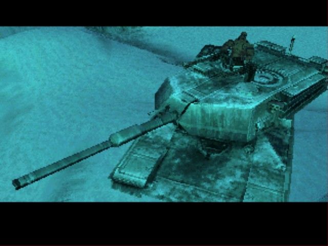Metal Gear Solid (PlayStation) screenshot: Snake versus Raven, who likes snow more?