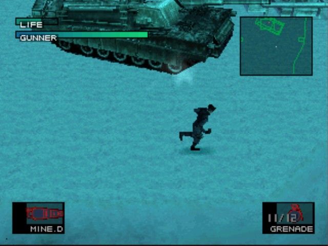 Metal Gear Solid (PlayStation) screenshot: How hard can it be to throw a grenade on a speeding tank....