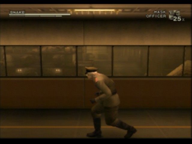 Metal Gear Solid 3: Snake Eater (PlayStation 2) screenshot: Even when wearing disguise, Snake doesn't have the ability to walk normally, but enemy guards obviously don't mind