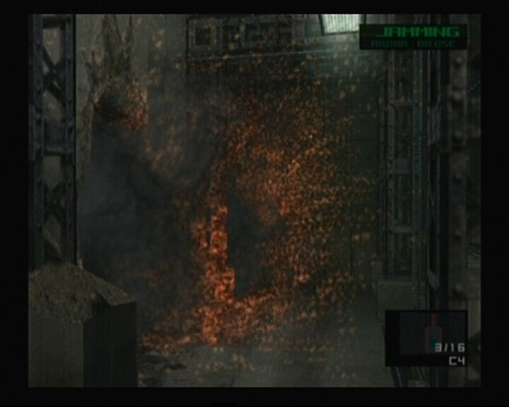 Metal Gear Solid: The Twin Snakes (GameCube) screenshot: Looking at C4 explosion in first-person view mode.