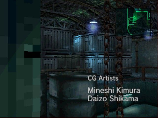 Metal Gear Solid (PlayStation) screenshot: As the game starts, you will still see some credits during your gameplay. Quite neat, sort of achieving a movie effect.