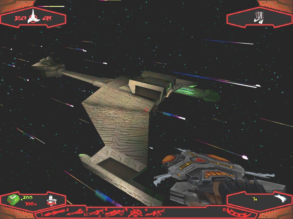 Star Trek: The Next Generation - Klingon Honor Guard (Windows) screenshot: Floating in space outside of a Klingon Battle Cruiser... This is a bad view, it means your magnetic boots have failed and you're drifting out into deep space