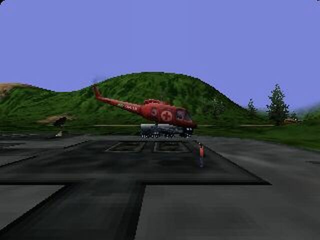 Super Huey III (Windows) screenshot: When you get close enough to rescue a person, the POV changes.
