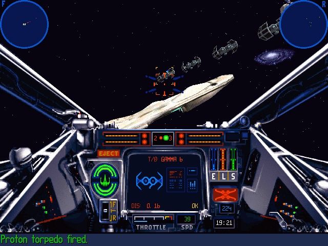 Star Wars: X-Wing - Collector Series (Windows) screenshot: Defending home, the Calamari Cruiser Defiance, from approaching Tie Bombers